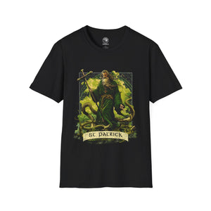 anime style st patrick fighting snakes, black shirt