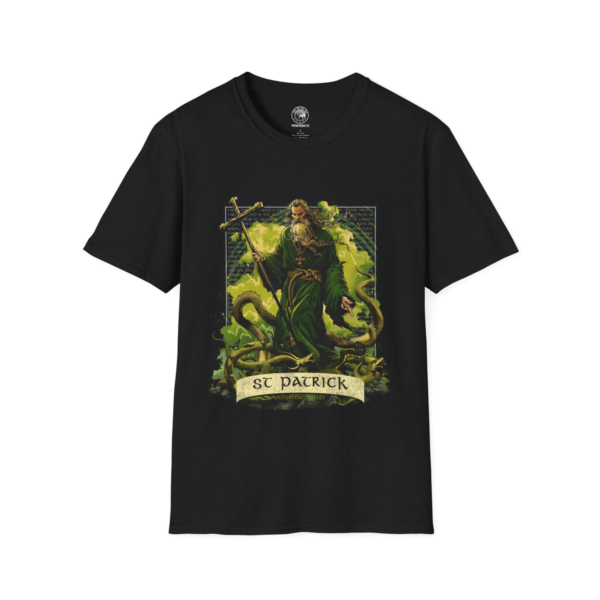 anime style st patrick fighting snakes, black shirt